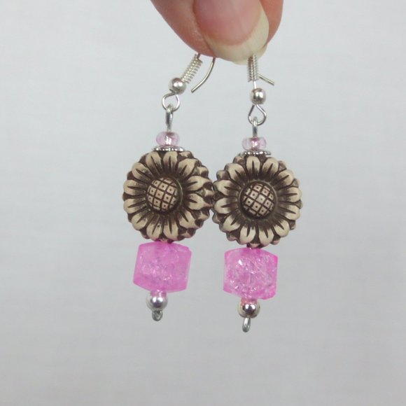 New Hand Crafted Pink Sunflower Dangle Earrings - Picture 3 of 6